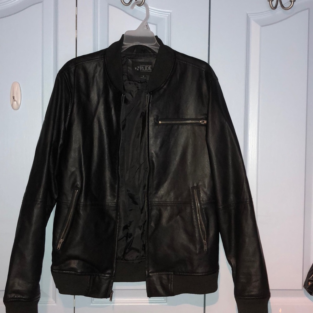 Men’s Faux Leather Jacket with Detachable Hood